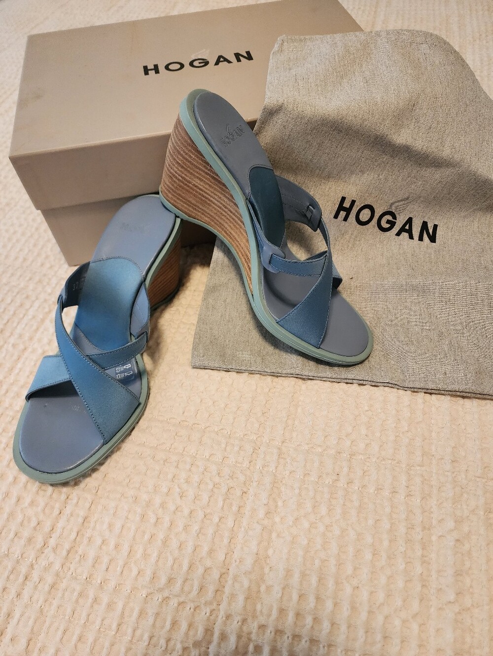 Hogan Powder Blue Leather Cross-Strap Wedge Sandals $425 Sz 37/US 7 New In Box